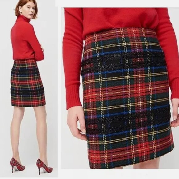 J Crew Plaid Tartan Wool Blend Mini Skirt w/ Metallic Eyelash Trim Size 6 - Picture 1 of 7